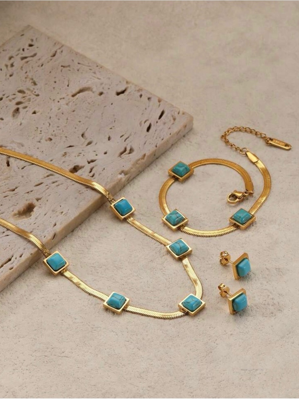 Gold-Tone Turquoise Square Necklace, Bracelet & Stud Earring Set - Women Jewelry